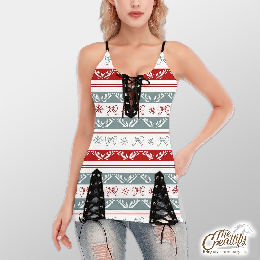 Holly Leaf, Snowflake, Red Christmas Bow V-Neck Lace-Up Cami Dress