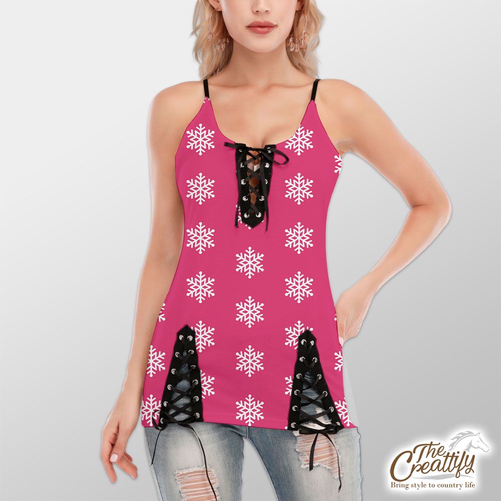Pink And White Snowflake V-Neck Lace-Up Cami Dress