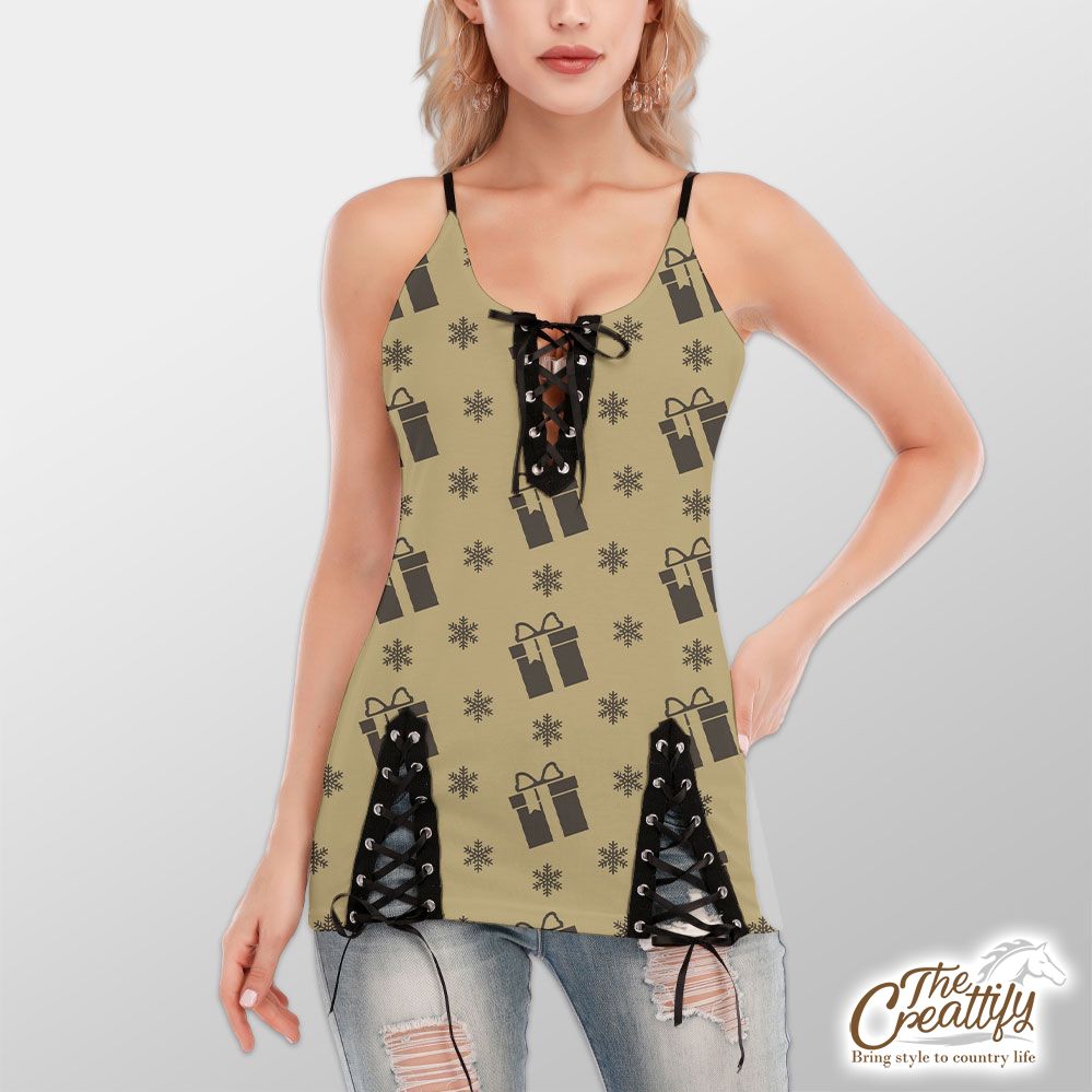 Present Clipart On The Snowflake Background V-Neck Lace-Up Cami Dress
