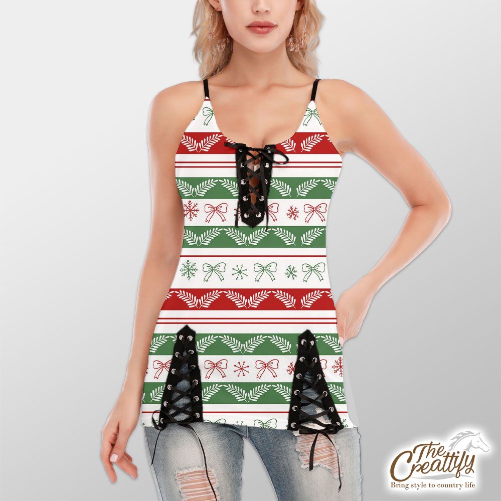 Red And Green Christmas Bow And Snowflake V-Neck Lace-Up Cami Dress