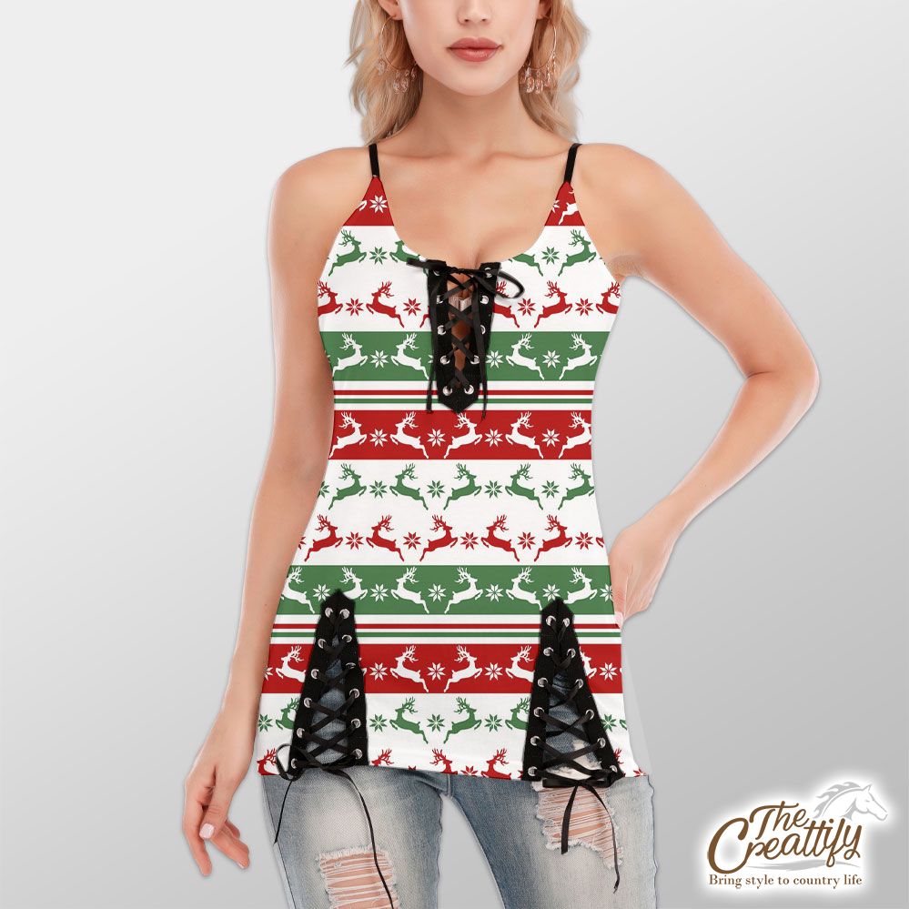 Red And Green Christmas Reindeer And Snowflake V-Neck Lace-Up Cami Dress