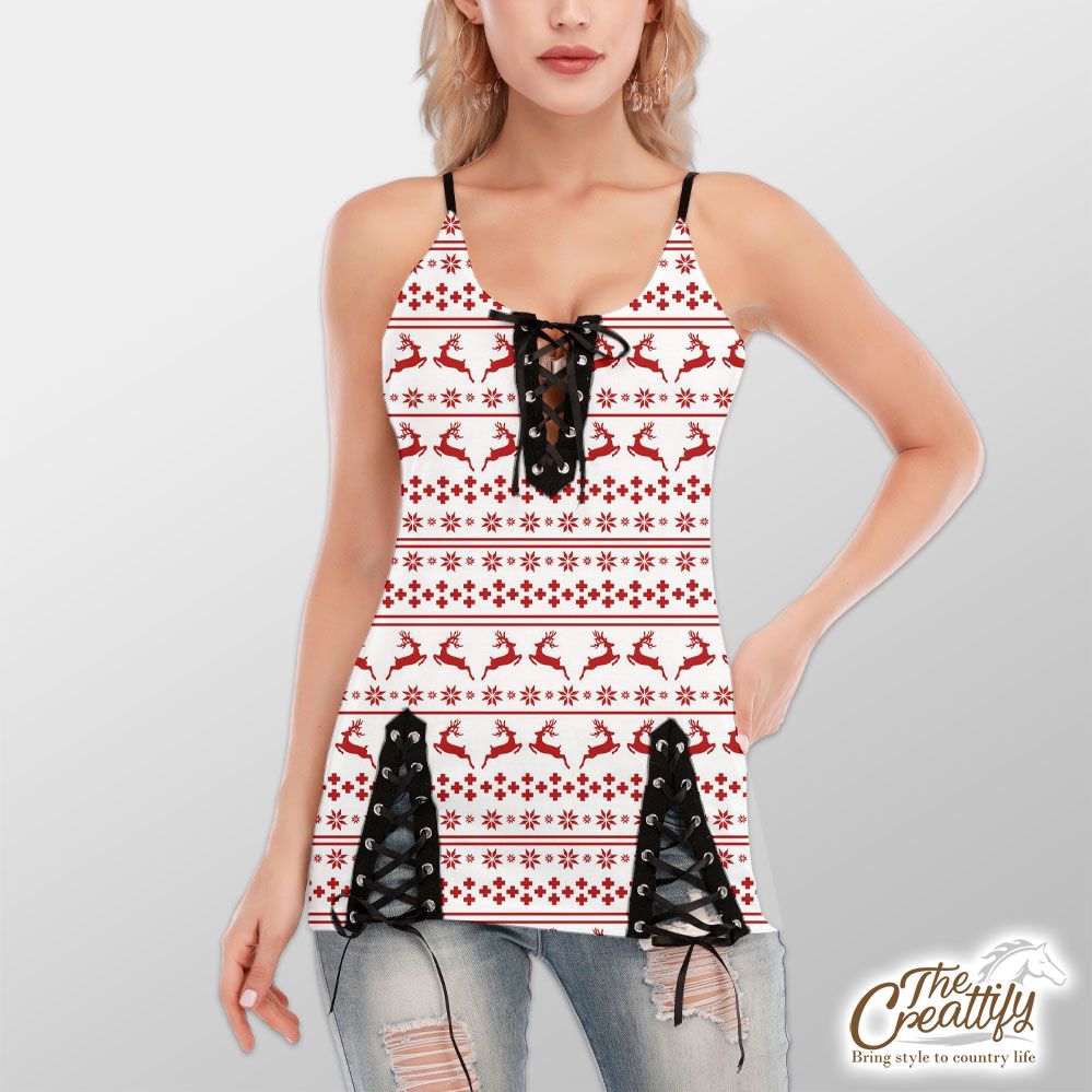 Red And White Christmas Reindeer And Snowflake V-Neck Lace-Up Cami Dress