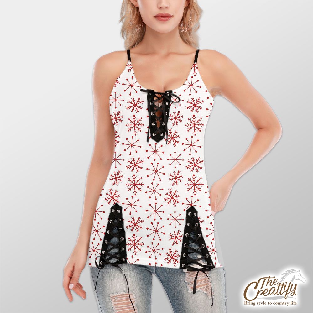 Red And White Snowflake V-Neck Lace-Up Cami Dress