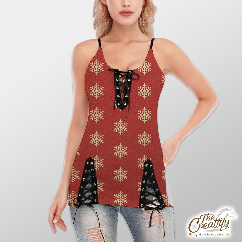 Snowflake Pattern, Christmas Snowflakes, Christmas Present Ideas On Red Background V-Neck Lace-Up Cami Dress