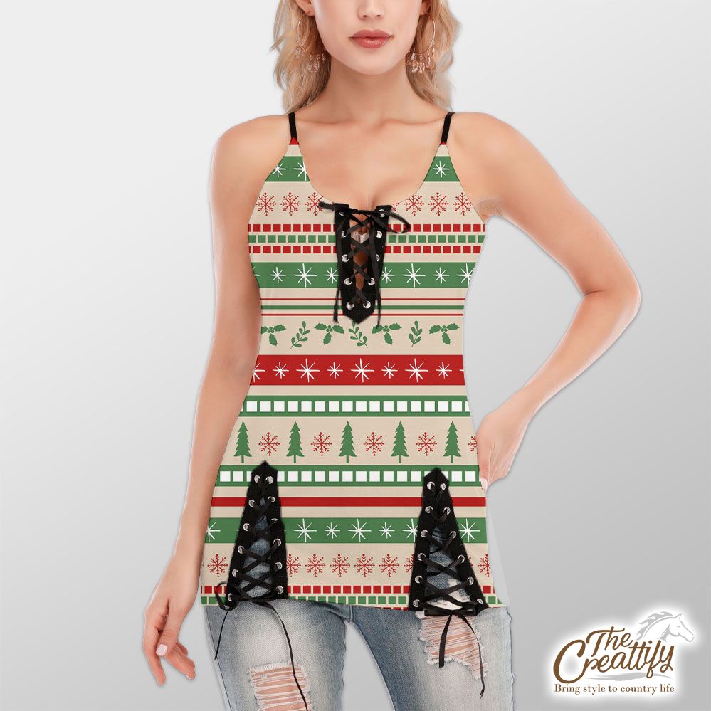Vintage Red And Green Christmas Tree And Snowflake V-Neck Lace-Up Cami Dress
