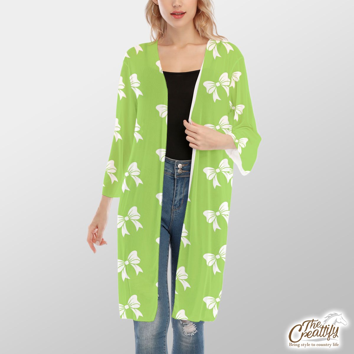 Christmas Bow, Christmas Tree Bows On The Green Background V-Neck Mesh Cardigan