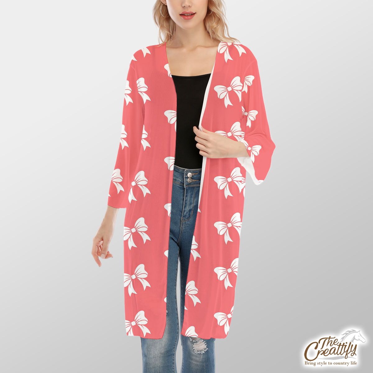 Christmas Bow, Christmas Tree Bows On The Pink Background V-Neck Mesh Cardigan