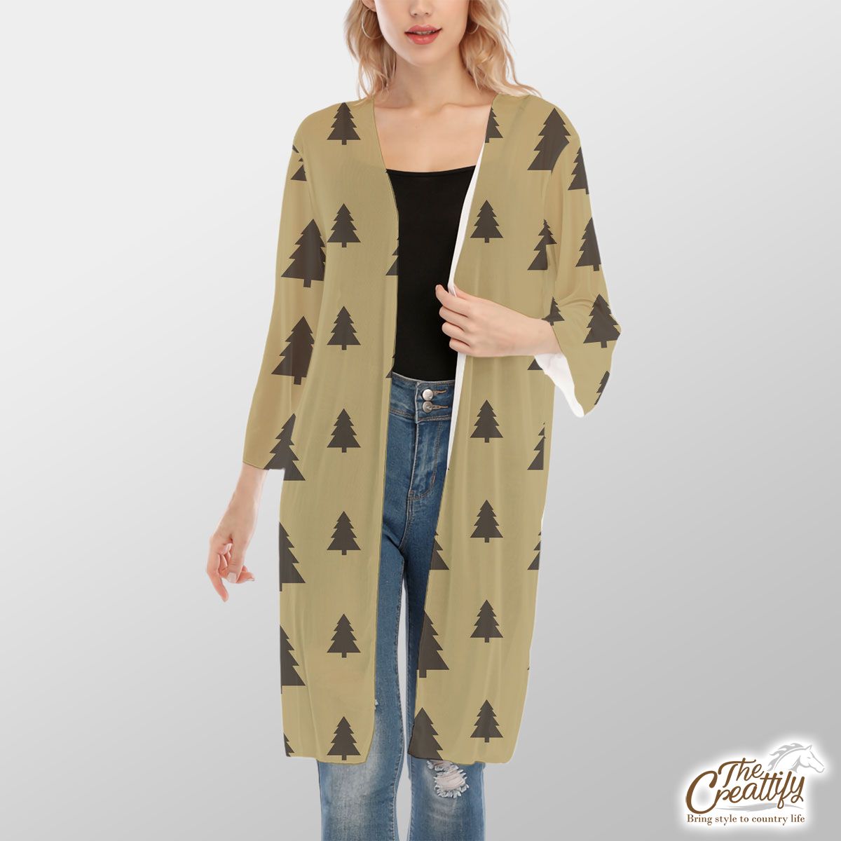 Christmas Pine Tree Silhouette On The Brown Background V-Neck Mesh Cardigan