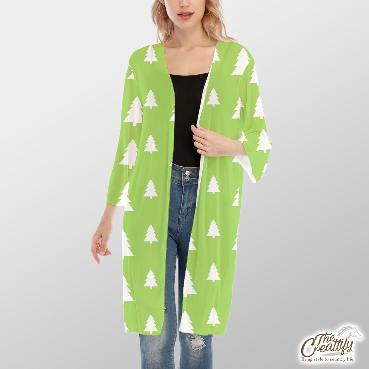 Christmas Pine Tree Silhouette On The Green Background V-Neck Mesh Cardigan