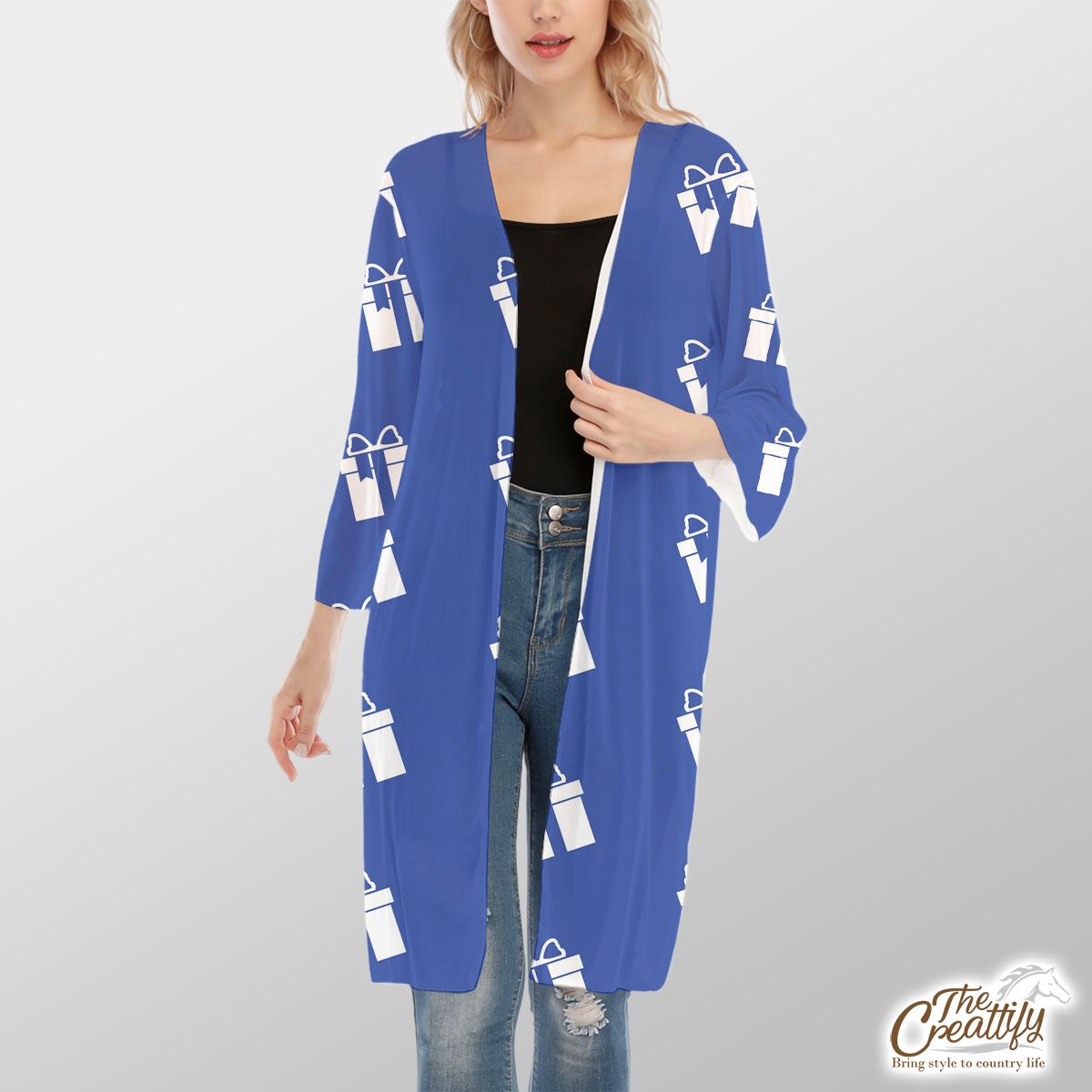 Christmas Present Clipart On The Navy Blue Color Background V-Neck Mesh Cardigan