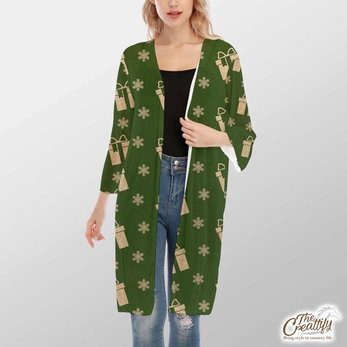 Christmas Presents And Snowflakes Seamless Pattern Green Background V-Neck Mesh Cardigan
