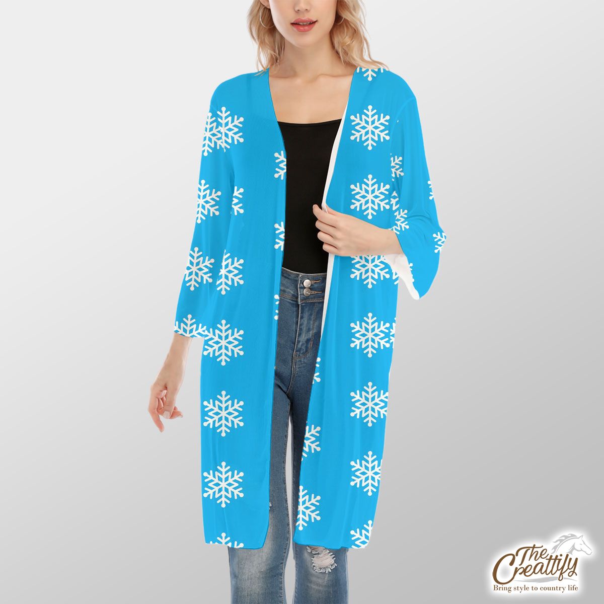 Christmas Snowflake Clipart On The Blue Background V-Neck Mesh Cardigan