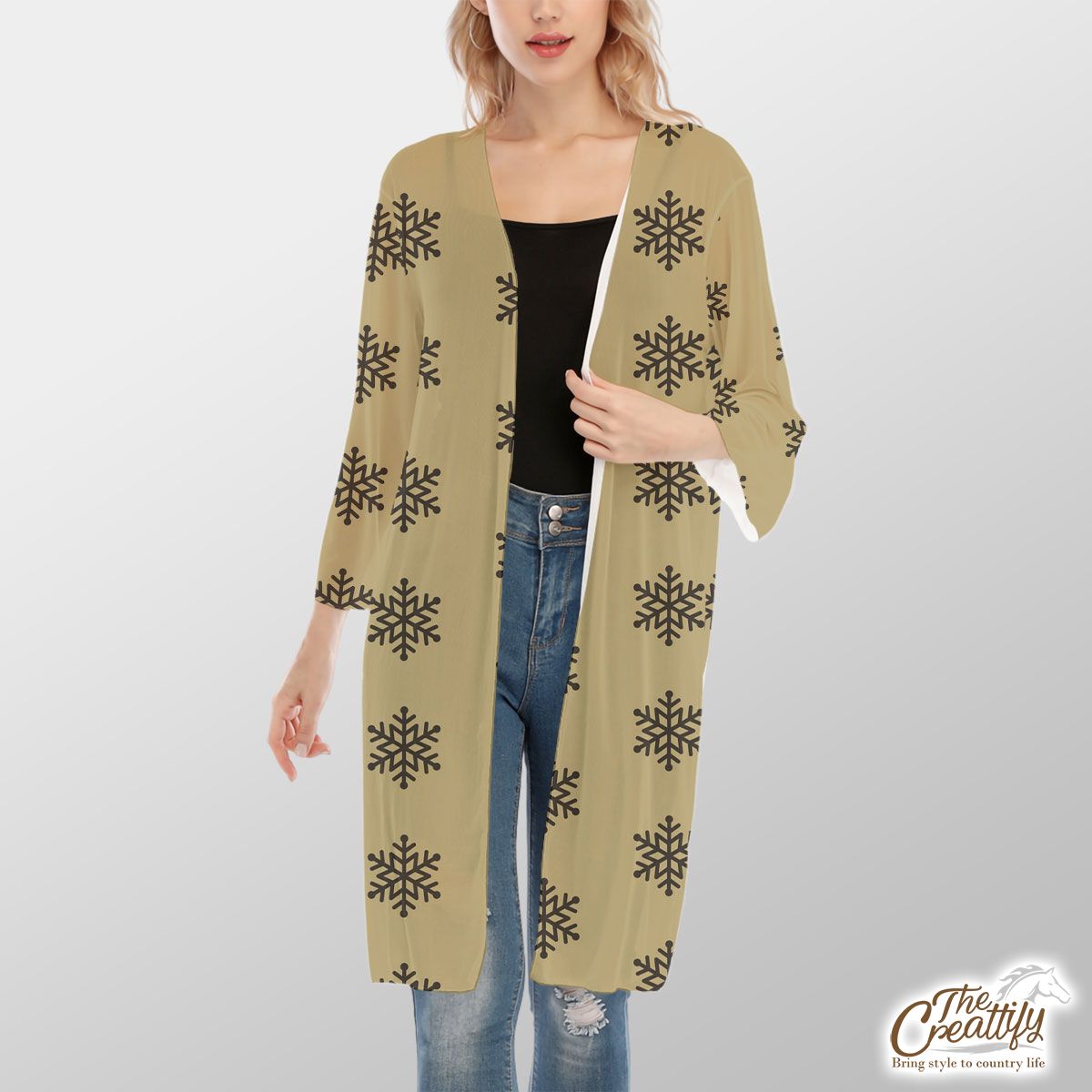 Christmas Snowflake Clipart On The Brown Background V-Neck Mesh Cardigan