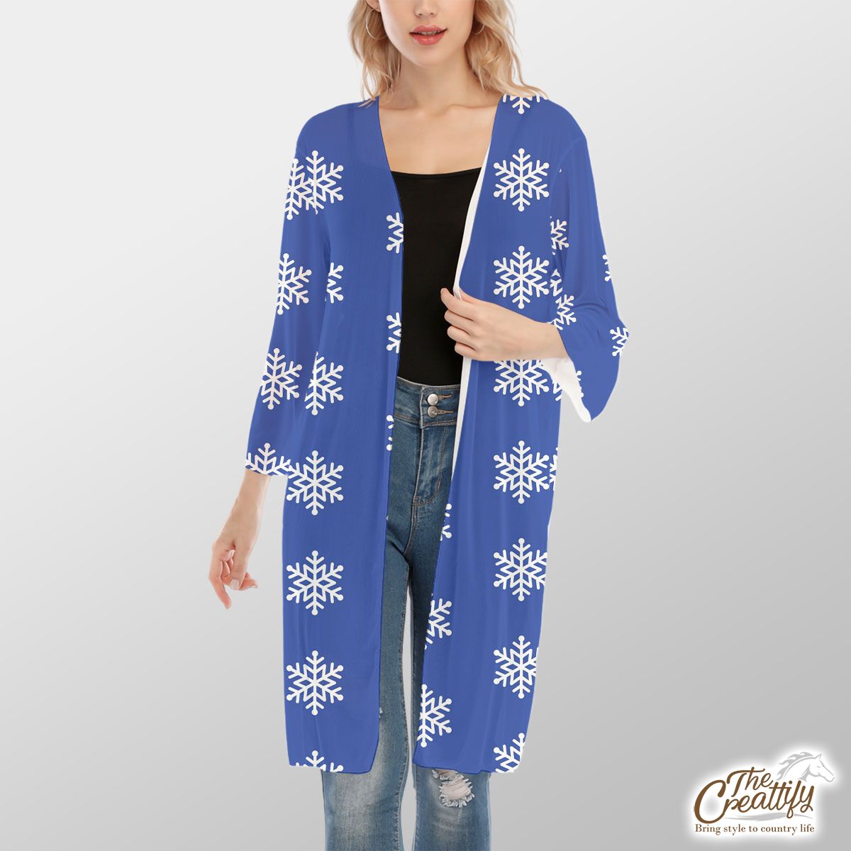 Christmas Snowflake Clipart On The Navy Blue Color Background V-Neck Mesh Cardigan