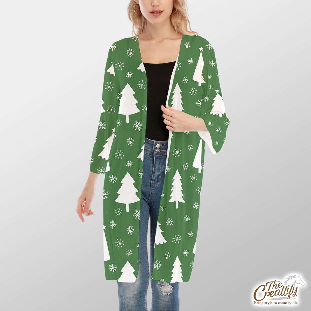 Green And White Christmas Tree With Snowflake V-Neck Mesh Cardigan