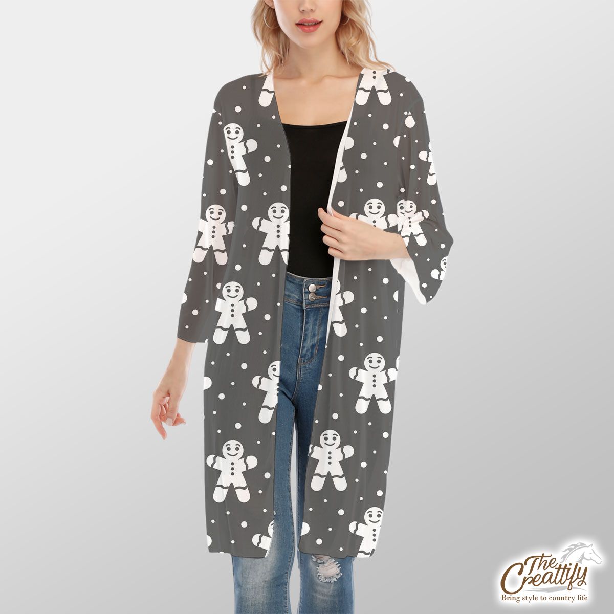 Grey And White Gingerbread Man V-Neck Mesh Cardigan