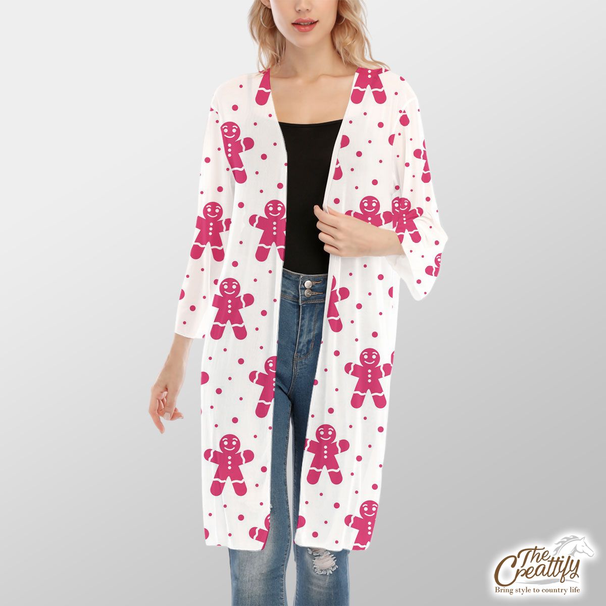 Pink And White Gingerbread Man V-Neck Mesh Cardigan