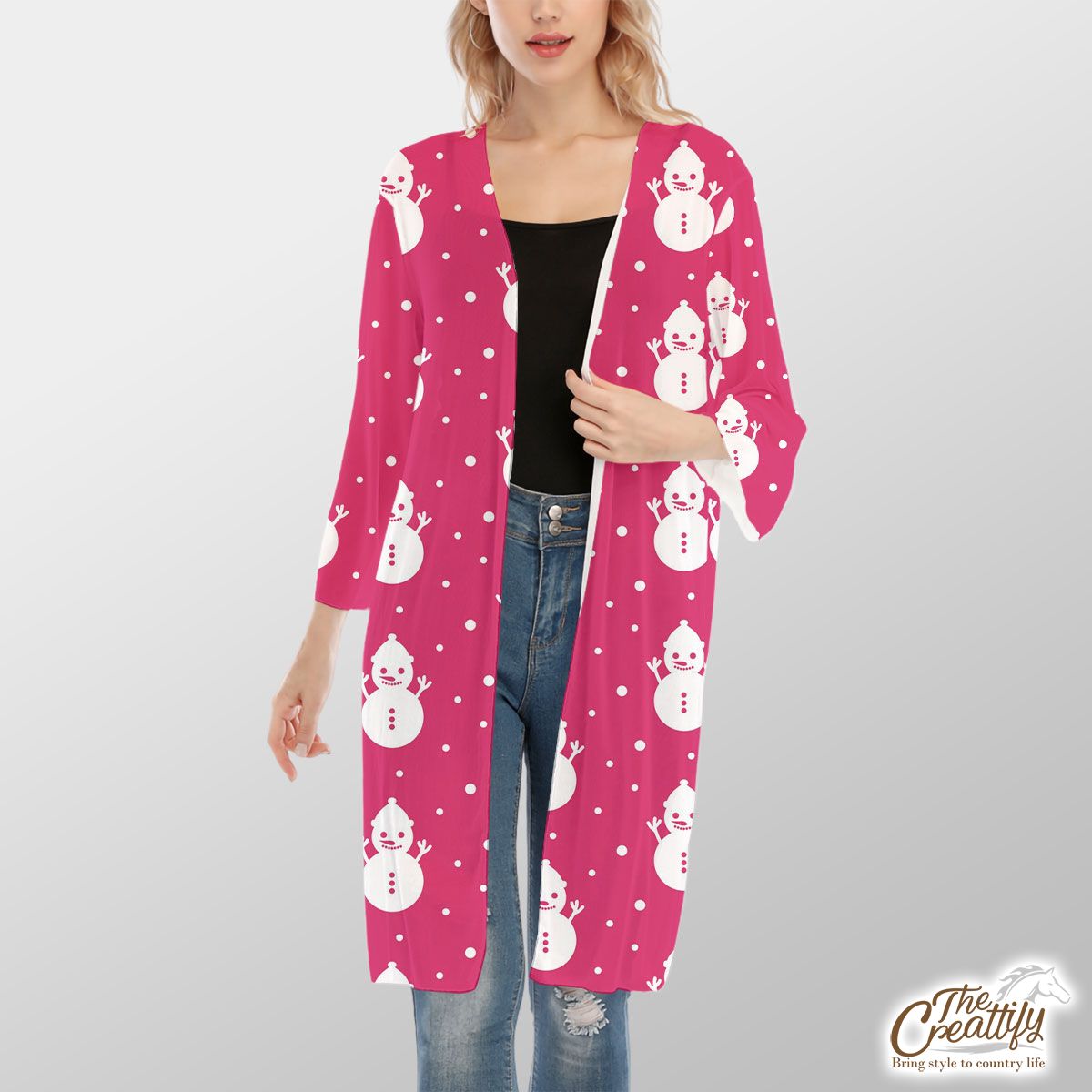 Pink And White Snowman V-Neck Mesh Cardigan