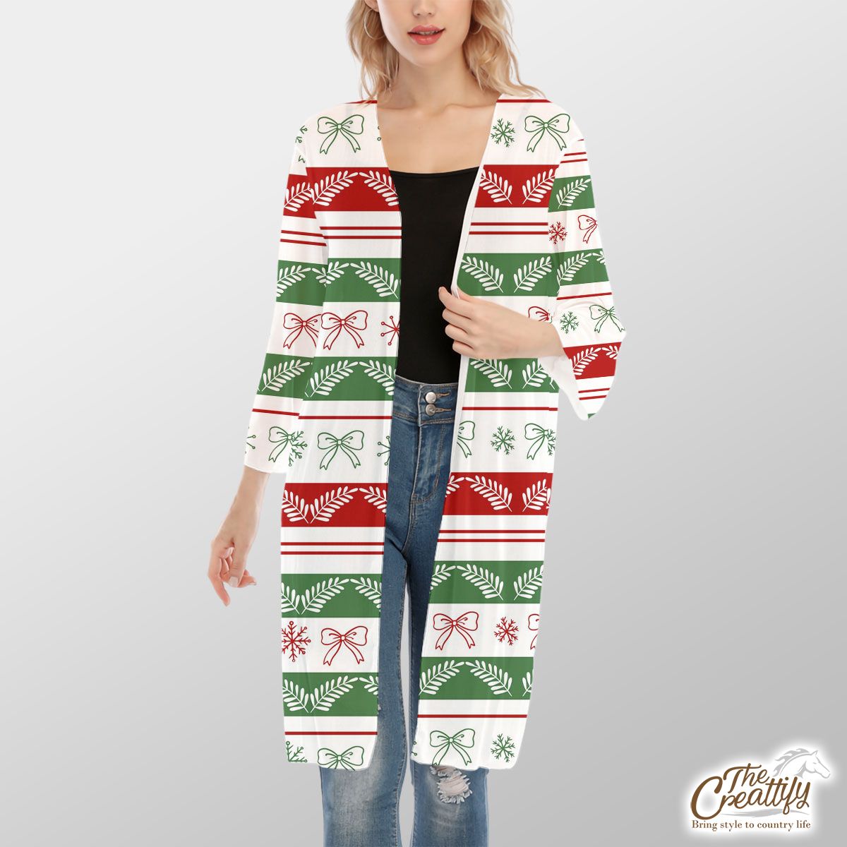 Red And Green Christmas Bow And Snowflake V-Neck Mesh Cardigan