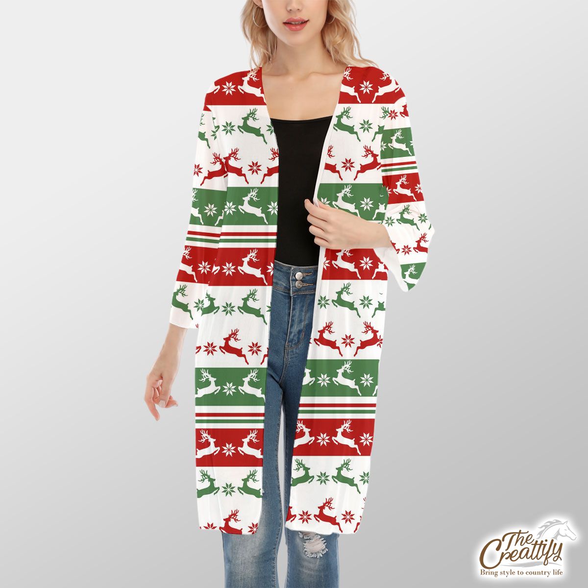 Red And Green Christmas Reindeer And Snowflake V-Neck Mesh Cardigan