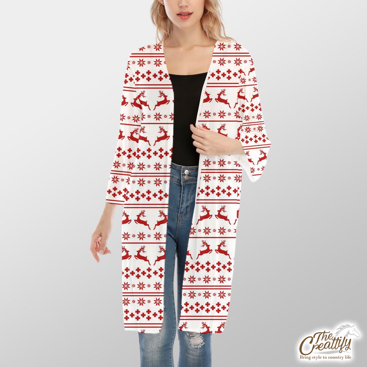 Red And White Christmas Reindeer And Snowflake V-Neck Mesh Cardigan