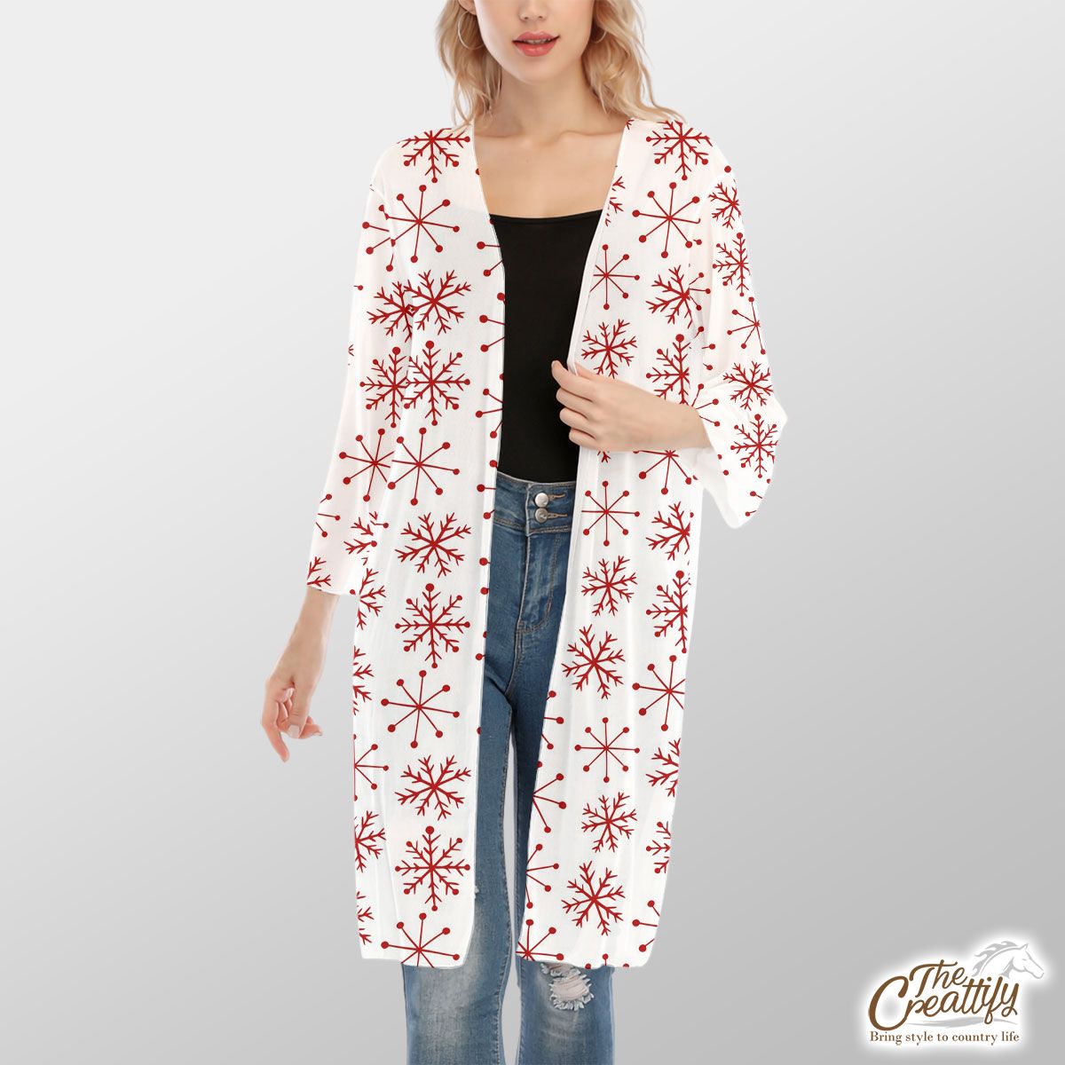 Red And White Snowflake V-Neck Mesh Cardigan