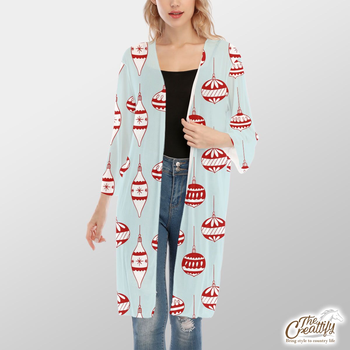 Red Christmas Baubles Seamless Pattern V-Neck Mesh Cardigan