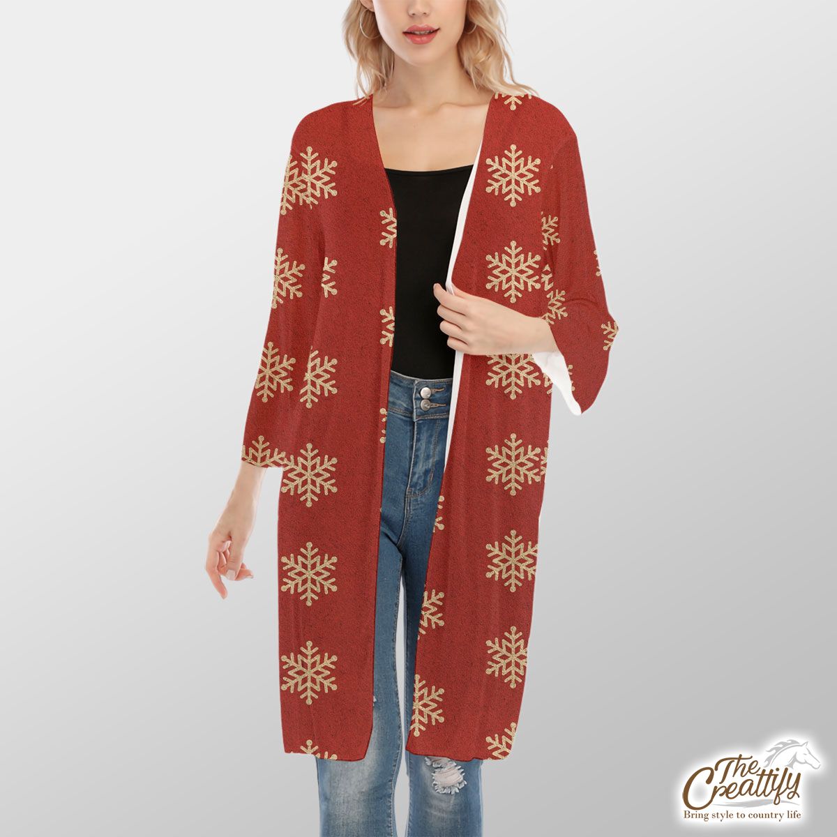 Snowflake Pattern, Christmas Snowflakes, Christmas Present Ideas On Red Background V-Neck Mesh Cardigan