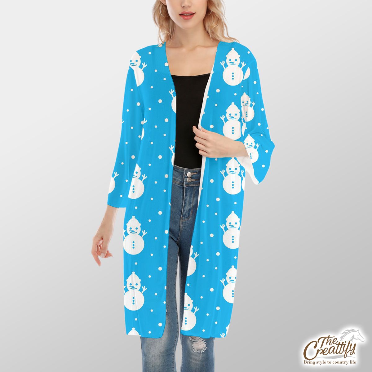 Snowman Clipart On The Blue Background V-Neck Mesh Cardigan
