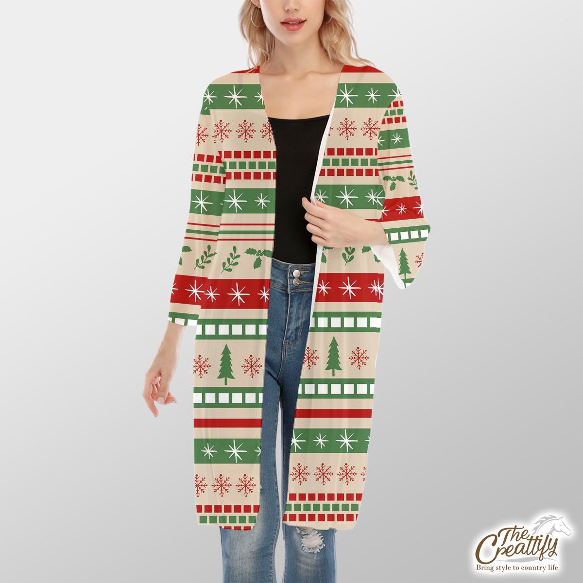 Vintage Red And Green Christmas Tree And Snowflake V-Neck Mesh Cardigan