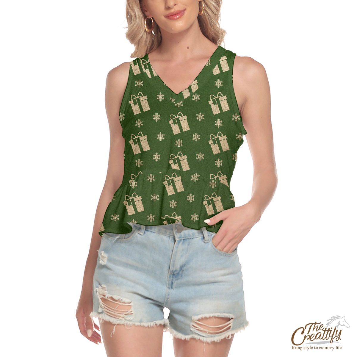 Christmas Presents And Snowflakes Seamless Pattern Green Background V-Neck Ruffle Hem Blouse