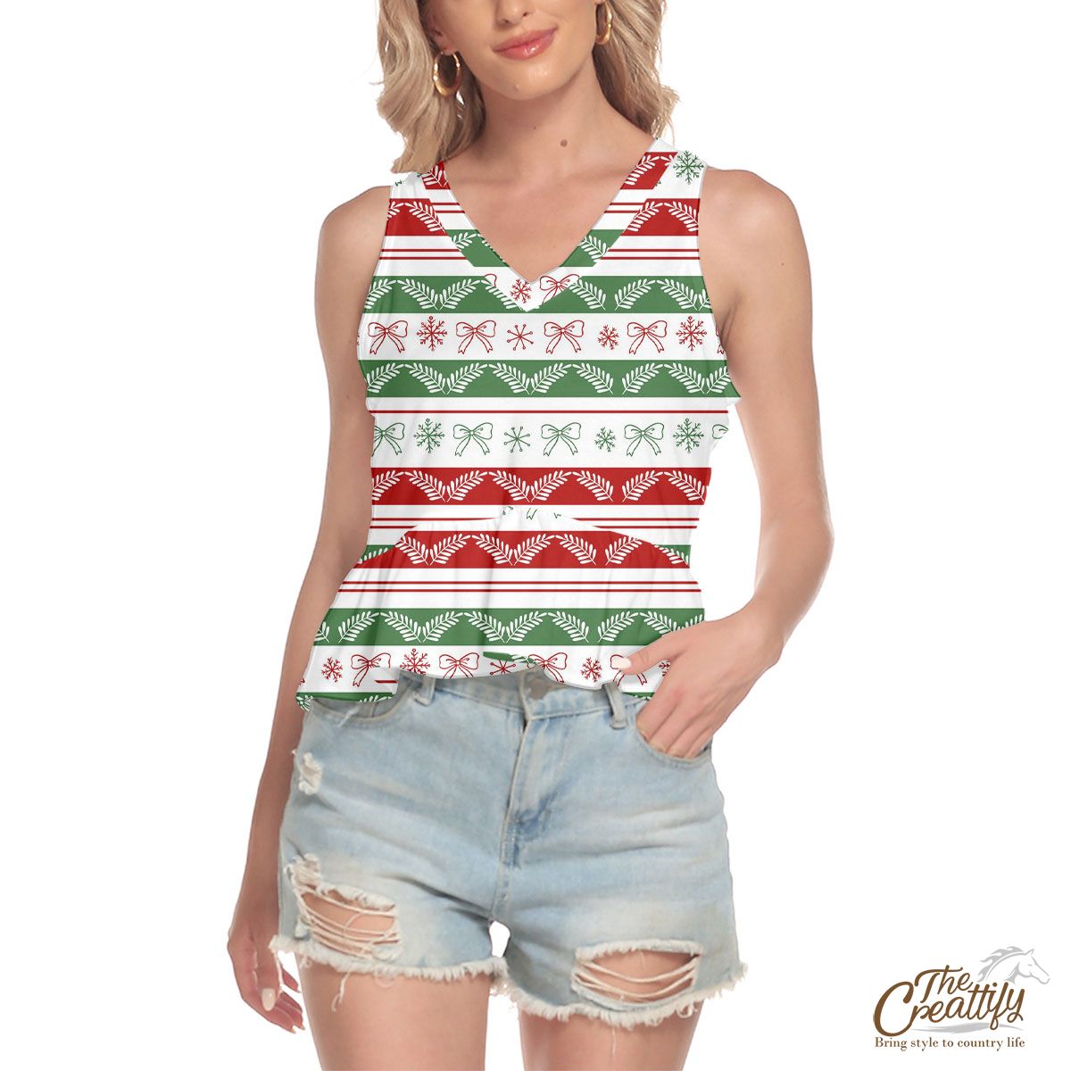 Red And Green Christmas Bow And Snowflake V-Neck Ruffle Hem Blouse