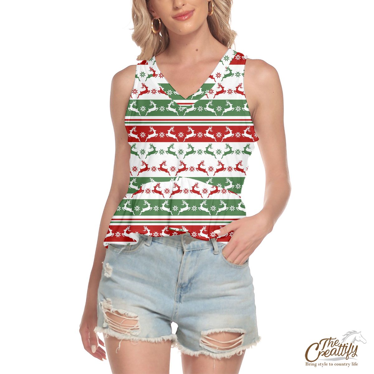 Red And Green Christmas Reindeer And Snowflake V-Neck Ruffle Hem Blouse