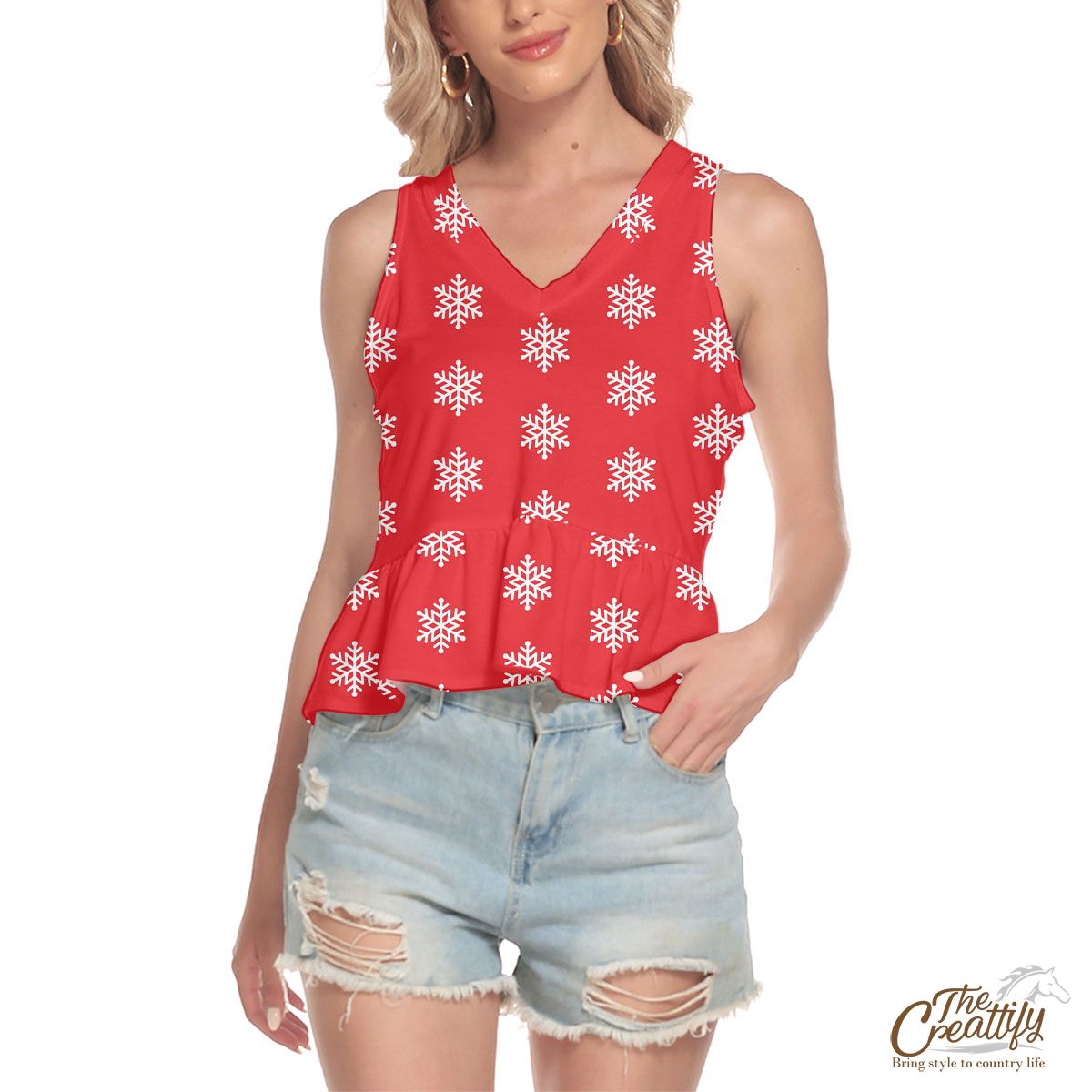 Snowflake Pattern, Christmas Snowflakes, Christmas Present Ideas With Red V-Neck Ruffle Hem Blouse