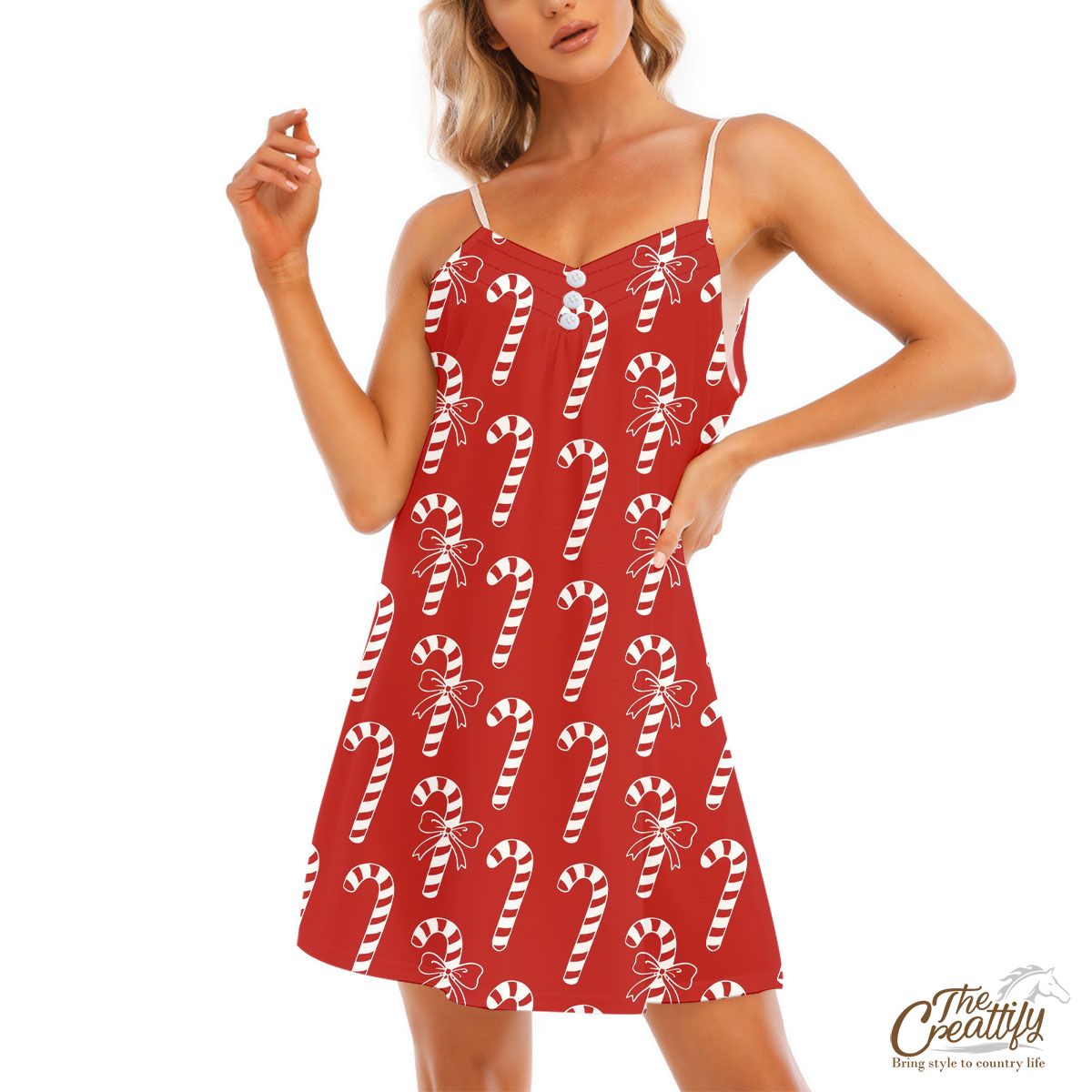 Candy Cane Red Christmas V-Neck Sleeveless Cami Dress