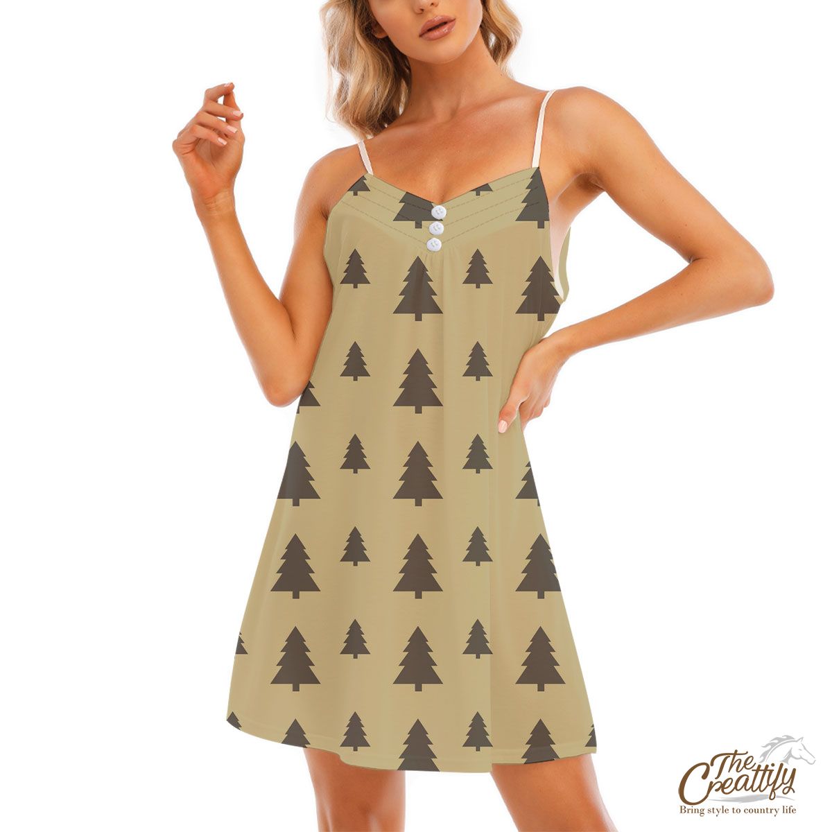 Christmas Pine Tree Silhouette On The Brown Background V-Neck Sleeveless Cami Dress