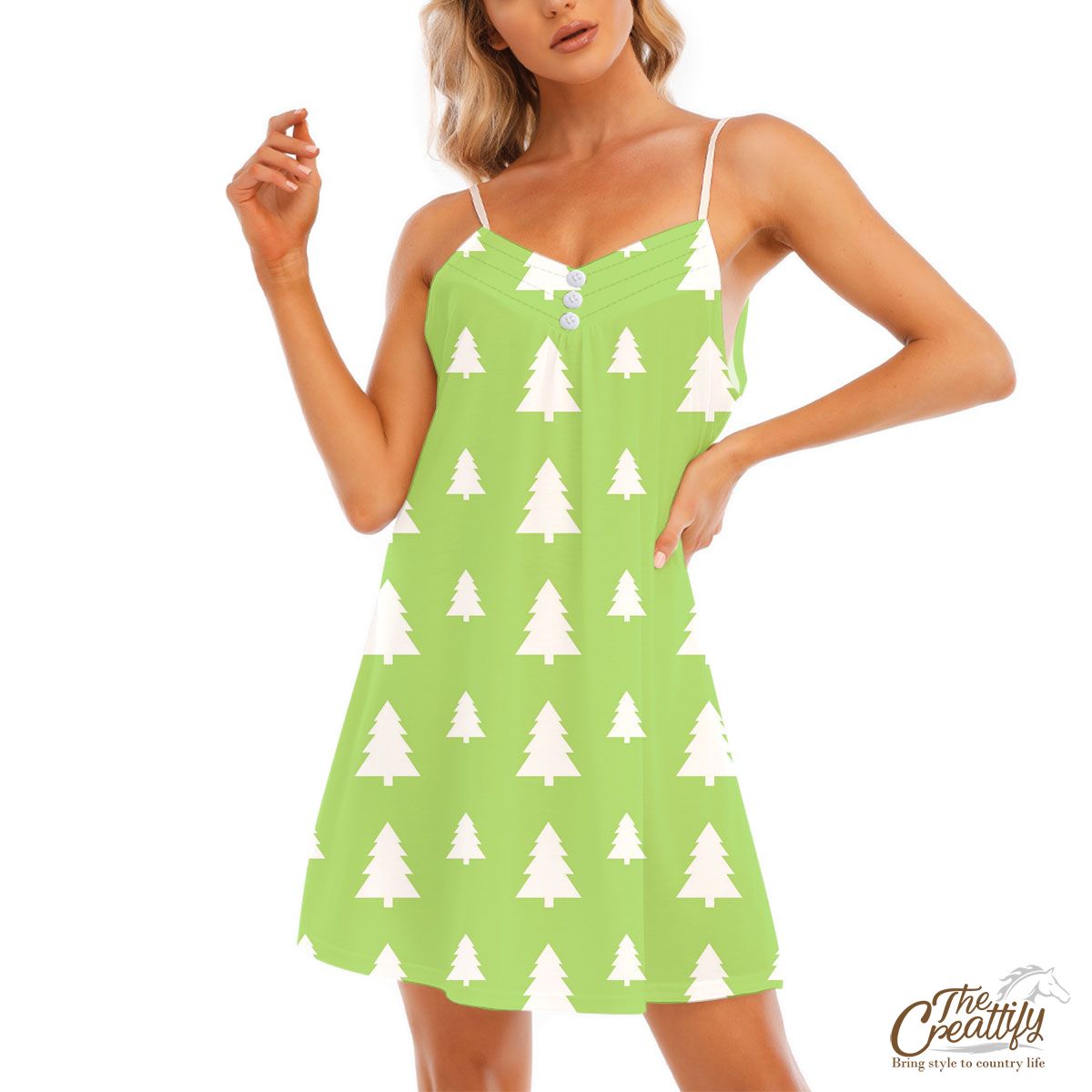 Christmas Pine Tree Silhouette On The Green Background V-Neck Sleeveless Cami Dress