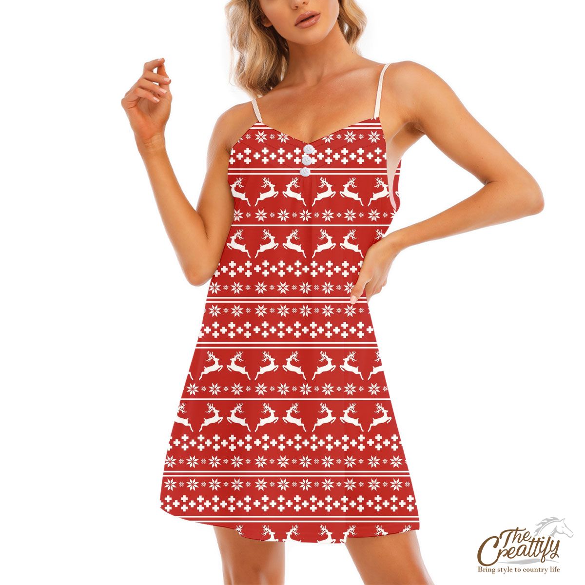 Christmas Reindeer, Snowflake Pattern V-Neck Sleeveless Cami Dress