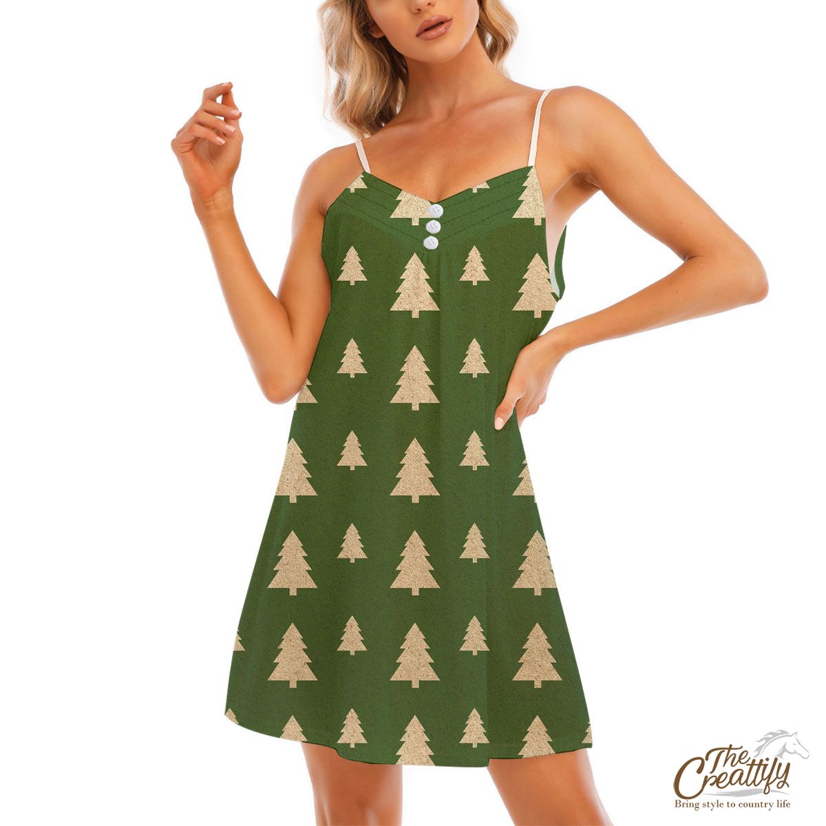 Christmas Tree, Christmas Tree Decorations, Pine Tree Pattern On Green 2 V-Neck Sleeveless Cami Dress
