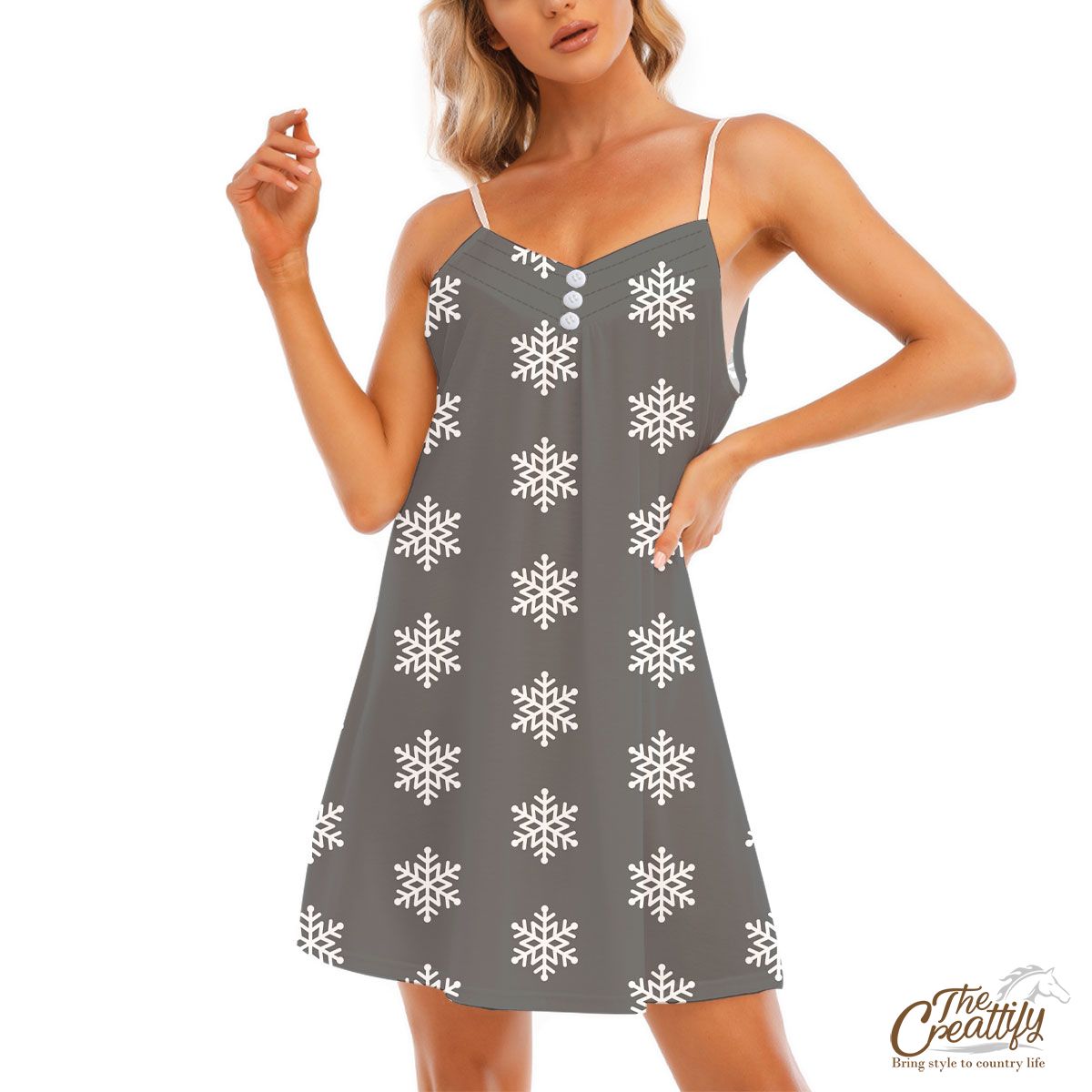 Grey And White Snowflake V-Neck Sleeveless Cami Dress