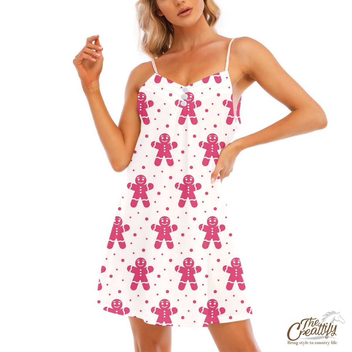Pink And White Gingerbread Man V-Neck Sleeveless Cami Dress