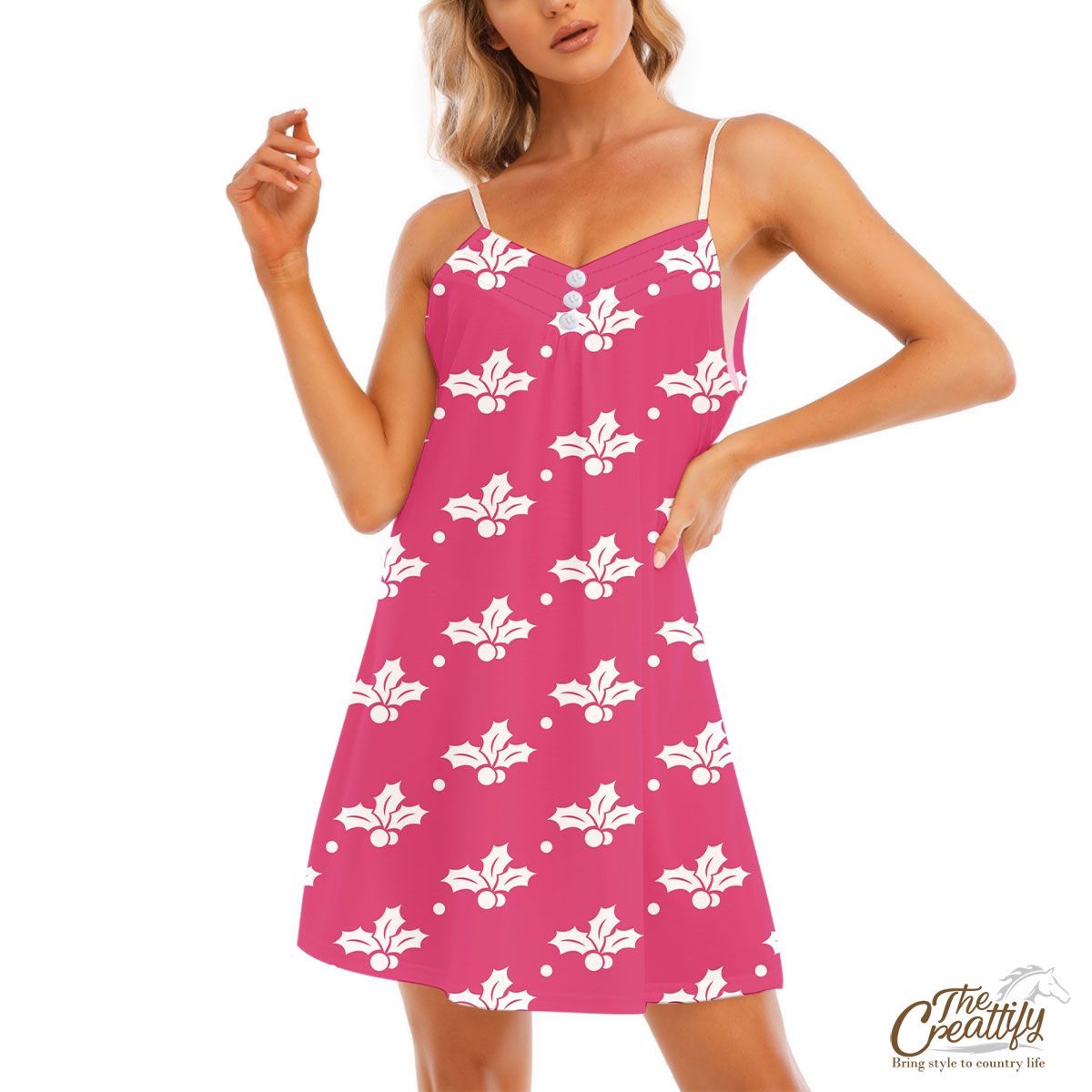 Pink And White Holly Leaf V-Neck Sleeveless Cami Dress
