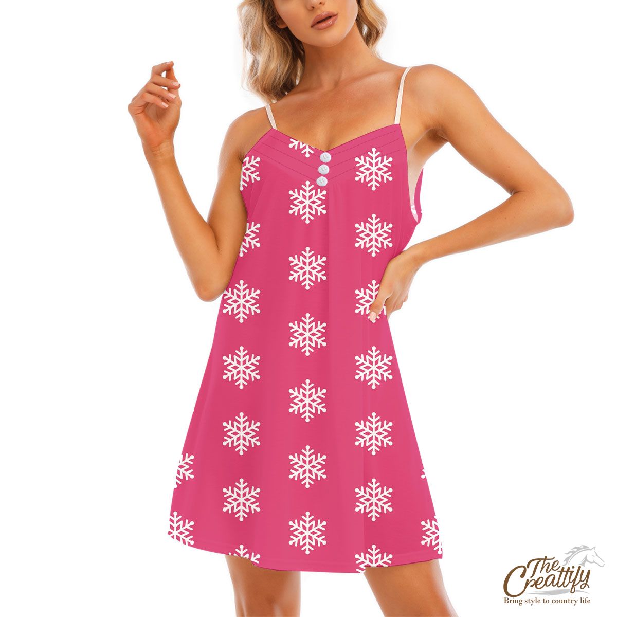 Pink And White Snowflake V-Neck Sleeveless Cami Dress