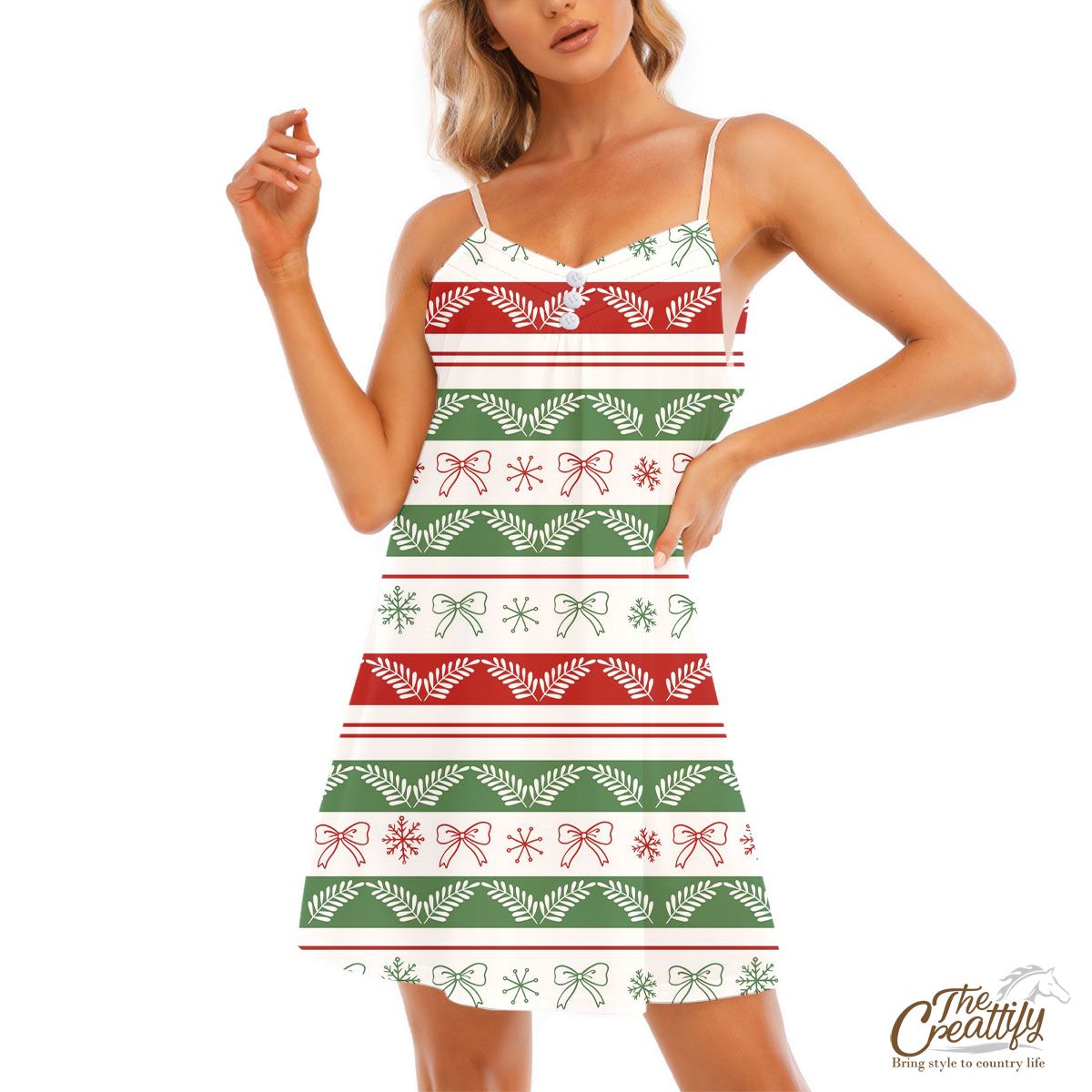 Red And Green Christmas Bow And Snowflake V-Neck Sleeveless Cami Dress