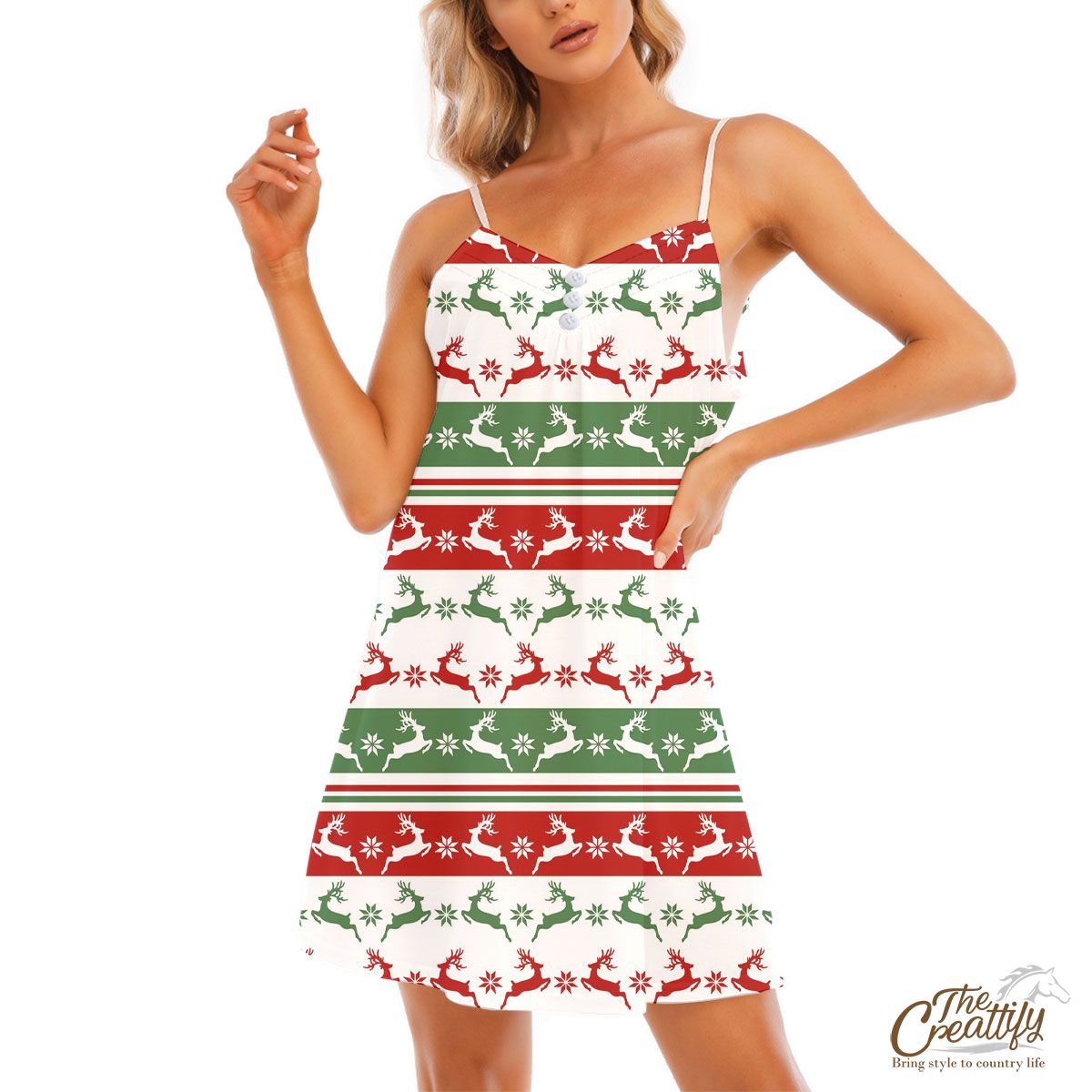 Red And Green Christmas Reindeer And Snowflake V-Neck Sleeveless Cami Dress