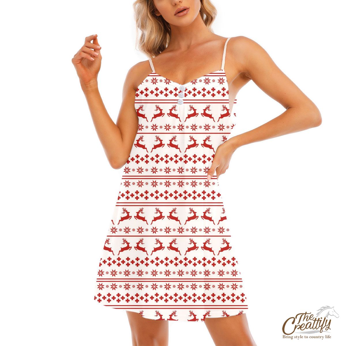 Red And White Christmas Reindeer And Snowflake V-Neck Sleeveless Cami Dress
