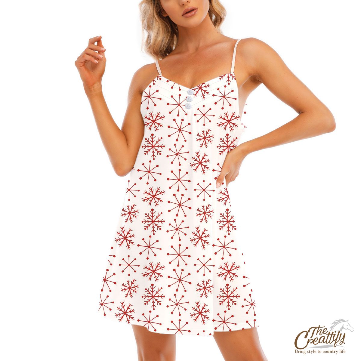 Red And White Snowflake V-Neck Sleeveless Cami Dress