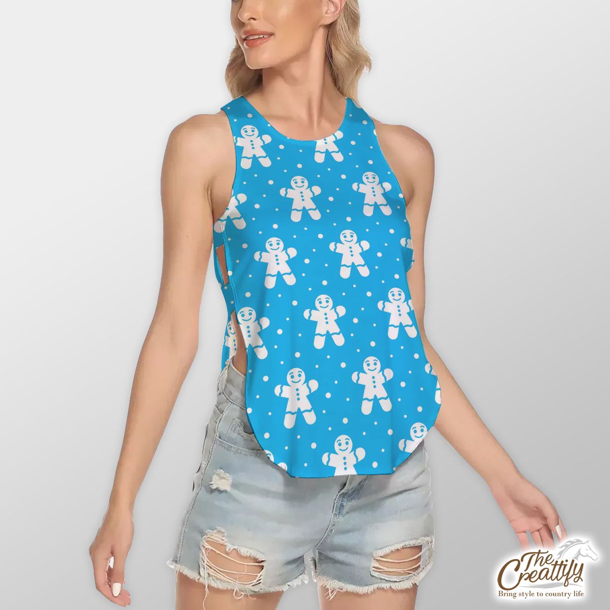 Christmas Gingerbread Man On The Blue Background Waist Hollow Yoga Vest