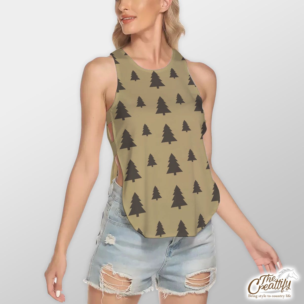 Christmas Pine Tree Silhouette On The Brown Background Waist Hollow Yoga Vest