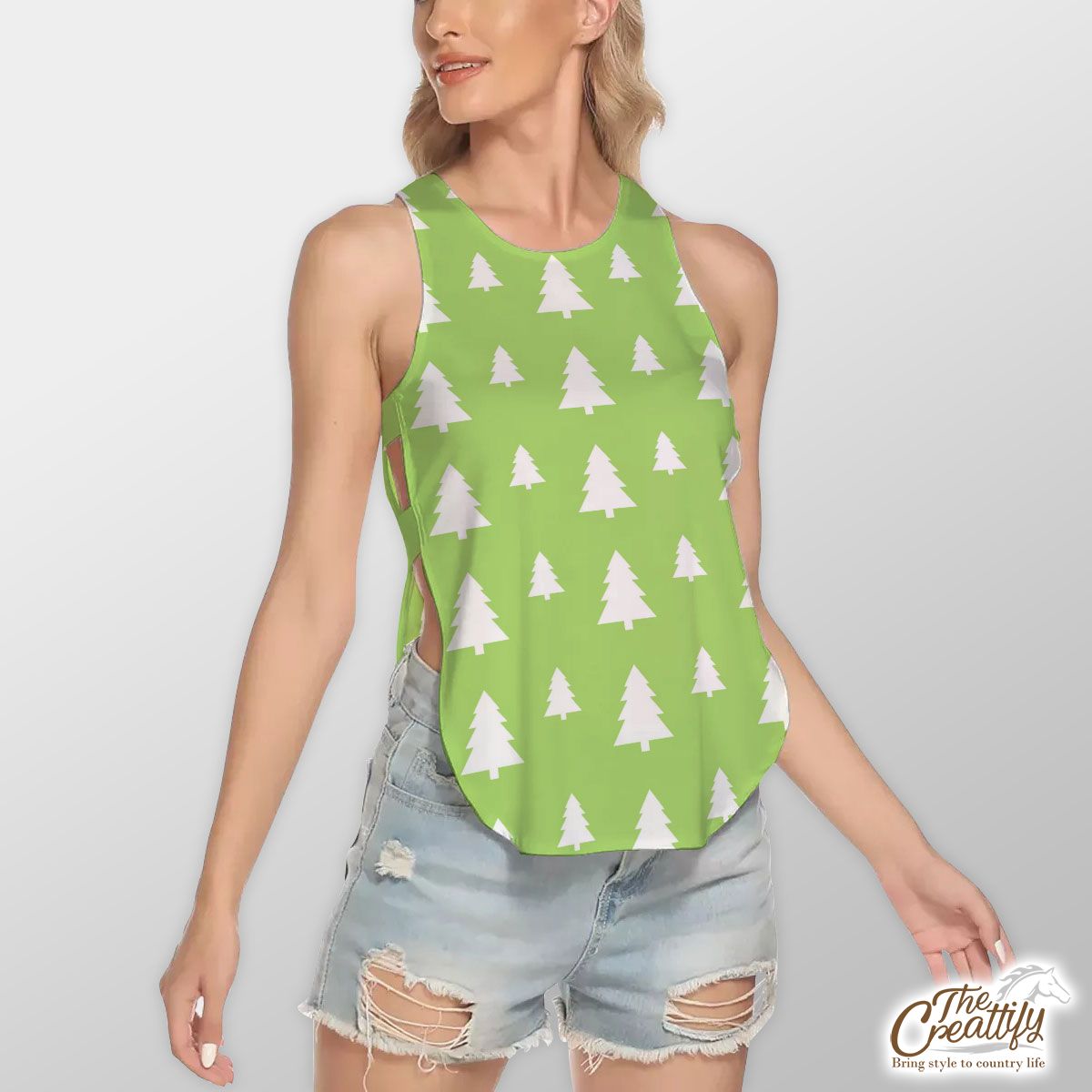 Christmas Pine Tree Silhouette On The Green Background Waist Hollow Yoga Vest